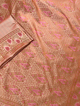 Beige Gold Color with Copper and Deep Rose Pink - Mashru Silk Tanchoi Saree with Jamawar Pallu - Kaash