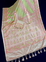 Beige Gold Color with Copper and Lime - Mashru Silk Tanchoi Saree with Jamawar Pallu - Kaash