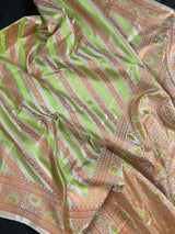 Beige Gold Color with Copper and Lime - Mashru Silk Tanchoi Saree with Jamawar Pallu - Kaash