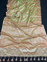 Beige Gold Color with Copper and Lime - Mashru Silk Tanchoi Saree with Jamawar Pallu - Kaash