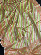 Beige Gold Color with Copper and Lime - Mashru Silk Tanchoi Saree with Jamawar Pallu - Kaash