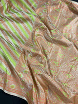Beige Gold Color with Copper and Lime - Mashru Silk Tanchoi Saree with Jamawar Pallu - Kaash