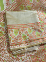 Beige Gold Color with Copper and Lime - Mashru Silk Tanchoi Saree with Jamawar Pallu - Kaash