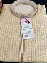 Beige Gold Men Kurta Pajama with intricate Self Embroidery | Butter Soft Silk | Handwork on neckline | Kurta for every occasion - Kaash