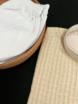 Beige Gold Men Kurta Pajama with intricate Self Embroidery | Butter Soft Silk | Handwork on neckline | Kurta for every occasion - Kaash