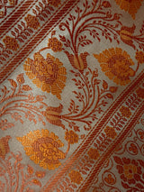 Beige Gold with Mustard & Copper Mashru Tanchoi saree in banarasi mashru tanchoi with striped mashru tanchoi with jamawar border — Kaash Collection