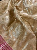 Biscuit with Pink Pallu Banarasi saree in banarasi silk with floral buttas with red borders & hot pink pallu — Kaash Collection