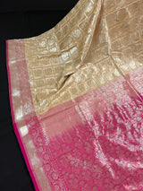 Biscuit with Pink Pallu Banarasi saree in banarasi silk with floral buttas with red borders & hot pink pallu — Kaash Collection
