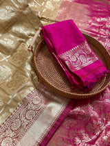 Biscuit with Pink Pallu Banarasi saree in banarasi silk with floral buttas with red borders & hot pink pallu — Kaash Collection