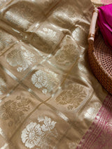 Biscuit with Pink Pallu Banarasi saree in banarasi silk with floral buttas with red borders & hot pink pallu — Kaash Collection
