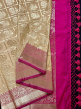 Biscuit with Pink Pallu Banarasi saree in banarasi silk with floral buttas with red borders & hot pink pallu — Kaash Collection