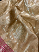 Biscuit Color Banarasi Silk Saree with Floral design with Pink combination borders and Pallu - Kaash