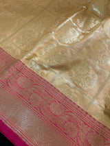Biscuit Color Banarasi Silk Saree with Floral design with Pink combination borders and Pallu - Kaash