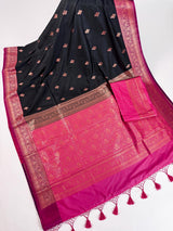 Black & Pink Banarasi saree in pure banarasi semi katan silk with copper zari weave with floral pattern — Kaash Collection