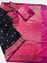 Black & Pink Banarasi saree in pure banarasi semi katan silk with copper zari weave with floral pattern — Kaash Collection