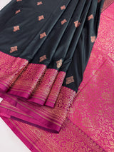 Black & Pink Banarasi saree in pure banarasi semi katan silk with copper zari weave with floral pattern — Kaash Collection