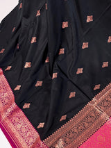 Black & Pink Banarasi saree in pure banarasi semi katan silk with copper zari weave with floral pattern — Kaash Collection