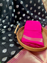 Black & Pink with Green Paithani Banarasi saree in banarasi silk with silver buttas with green paithani border — Kaash Collection