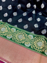 Black & Pink with Green Paithani Banarasi saree in banarasi silk with silver buttas with green paithani border — Kaash Collection