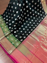 Black & Pink with Green Paithani Banarasi saree in banarasi silk with silver buttas with green paithani border — Kaash Collection