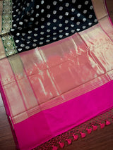 Black & Pink with Green Paithani Banarasi saree in banarasi silk with silver buttas with green paithani border — Kaash Collection