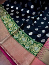 Black and Pink Traditional Banarasi Silk Handloom Saree with Paithani Style Border in Green - Kaash