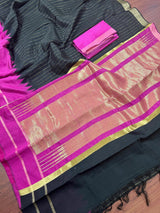 Black and Purple Pure Tussar Silk Saree with Ranidrop zari weave - Kaash