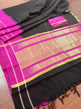Black and Purple Pure Tussar Silk Saree with Ranidrop zari weave - Kaash