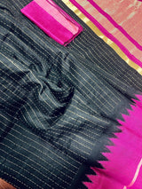 Black and Purple Pure Tussar Silk Saree with Ranidrop zari weave - Kaash