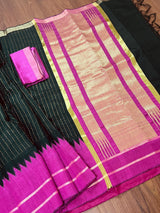 Black and Purple Pure Tussar Silk Saree with Ranidrop zari weave | Temple Borders | Wide Border | SILK MARK CERTIFIED - Kaash