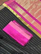 Black and Purple Pure Tussar Silk Saree with Ranidrop zari weave | Temple Borders | Wide Border | SILK MARK CERTIFIED - Kaash