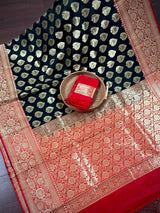 Black and Red Color Traditional Banarasi Silk Handloom Saree with Wide Border - Satin Patta Border - Kaash