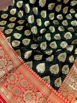 Black and Red Color Traditional Banarasi Silk Handloom Saree with Wide Border - Satin Patta Border - Kaash