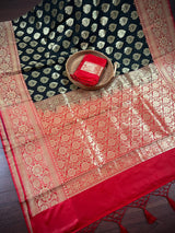 Black and Red Color Traditional Banarasi Silk Handloom Saree with Wide Border - Satin Patta Border - Kaash