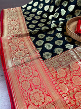 Black and Red Color Traditional Banarasi Silk Handloom Saree with Wide Border - Satin Patta Border - Kaash