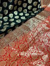 Black and Red Color Traditional Banarasi Silk Handloom Saree with Wide Border - Satin Patta Border - Kaash