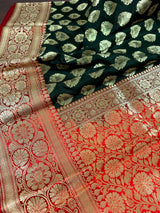 Black and Red Color Traditional Banarasi Silk Handloom Saree with Wide Border - Satin Patta Border - Kaash