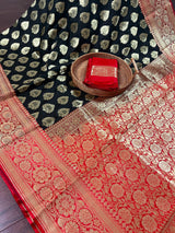 Black and Red Color Traditional Banarasi Silk Handloom Saree with Wide Border - Satin Patta Border - Kaash