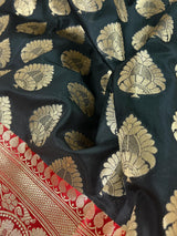 Black and Red Color Traditional Banarasi Silk Handloom Saree with Wide Border - Satin Patta Border - Kaash
