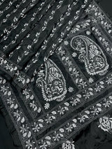 Black with White Kantha hand Kantha stitch saree on Bangalori silk — Kaash Collection