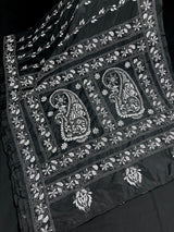 Black with White Kantha hand Kantha stitch saree on Bangalori silk — Kaash Collection