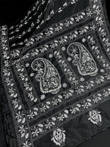 Black and White Color Bangalori Silk Saree with Handwoven Kantha Stitch Work | | Kantha Saree | Silk Sarees | Bengal Saree | Black Sari - Kaash