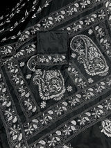 Black and White Color Bangalori Silk Saree with Handwoven Kantha Stitch Work | | Kantha Saree | Silk Sarees | Bengal Saree | Black Sari - Kaash