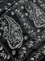 Black and White Color Bangalori Silk Saree with Handwoven Kantha Stitch Work | | Kantha Saree | Silk Sarees | Bengal Saree | Black Sari - Kaash