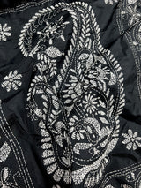 Black and White Color Bangalori Silk Saree with Handwoven Kantha Stitch Work | | Kantha Saree | Silk Sarees | Bengal Saree | Black Sari - Kaash