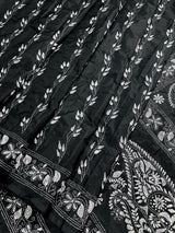 Black and White Color Bangalori Silk Saree with Handwoven Kantha Stitch Work | | Kantha Saree | Silk Sarees | Bengal Saree | Black Sari - Kaash