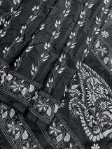 Black and White Color Bangalori Silk Saree with Handwoven Kantha Stitch Work | | Kantha Saree | Silk Sarees | Bengal Saree | Black Sari - Kaash