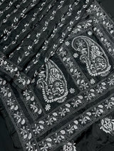 Black and White Color Bangalori Silk Saree with Handwoven Kantha Stitch Work | | Kantha Saree | Silk Sarees | Bengal Saree | Black Sari - Kaash