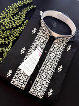 Black men's kurta pajama in pure cotton (100%) with embroidery with tiny sequins — Kaash Collection