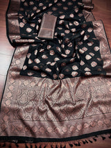 Black Cotton Silk Banarasi saree in banarasi cotton silk with antique zari weaving — Kaash Collection